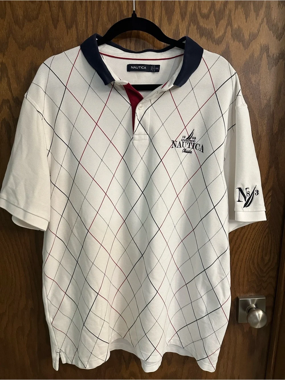 Nautica Men’s White Polo with Navy Collar and Red/Navy Argyle Lines